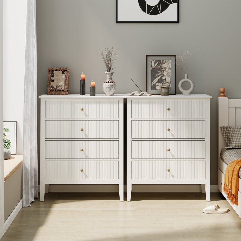 Amberrae White Fluted 4 Drawer Dresser For Bedroom